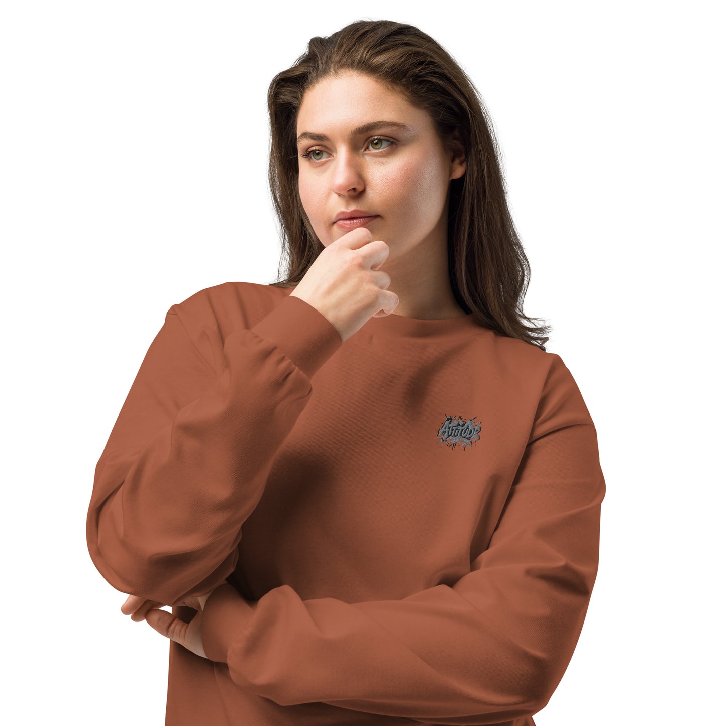 Urban Fashion & Streetwear Attitude Premium heavyweight long sleeve printed sweater in clay with bold graphic design.