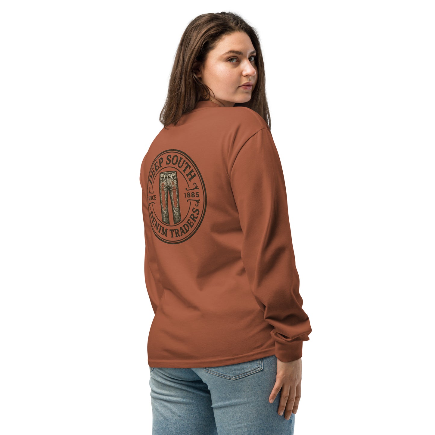 Urban Fashion & Streetwear Attitude Premium heavyweight long sleeve shirt with a printed design in clay color, casual streetwear style.