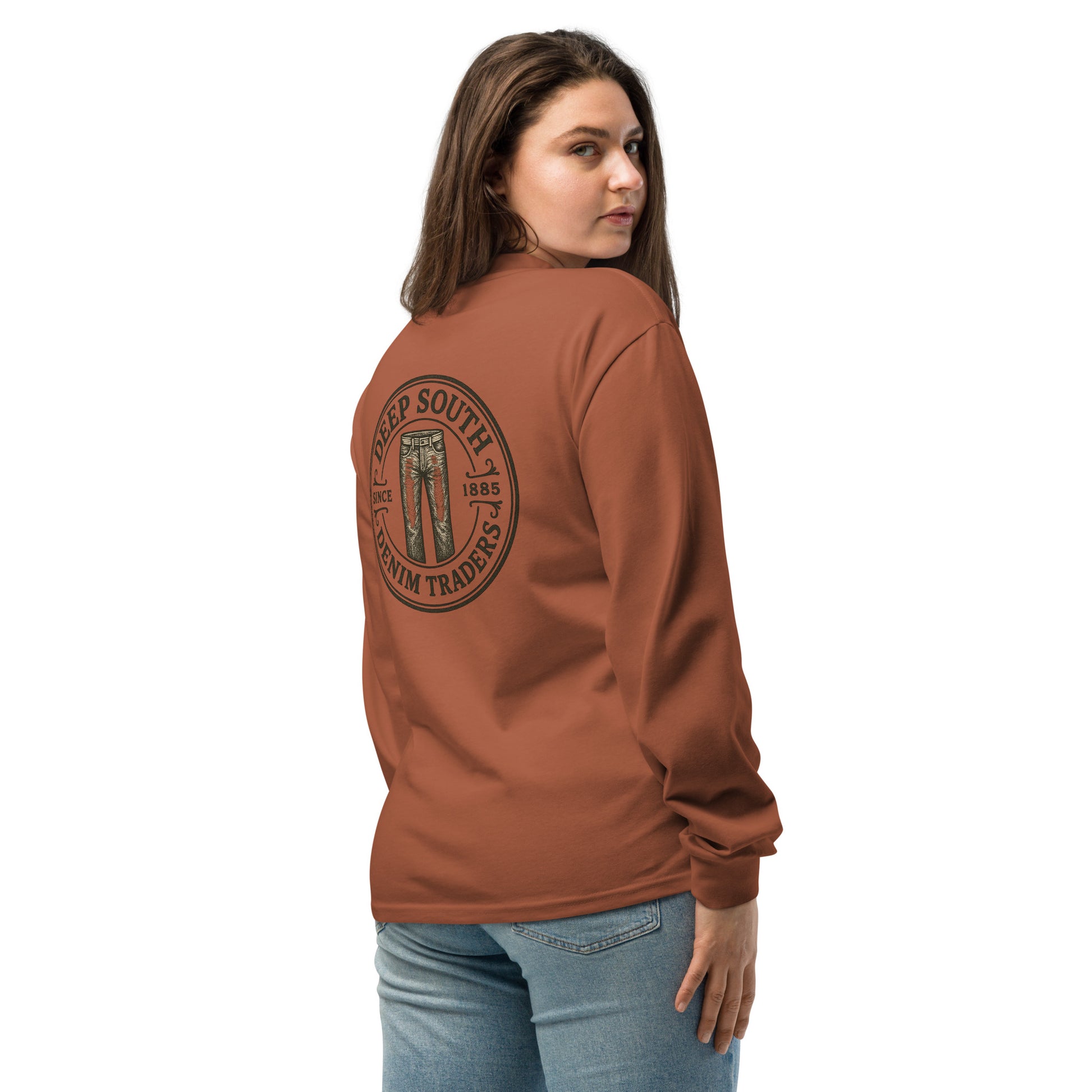 Urban Fashion & Streetwear Attitude Premium heavyweight long sleeve shirt with a printed design in clay color, casual streetwear style.