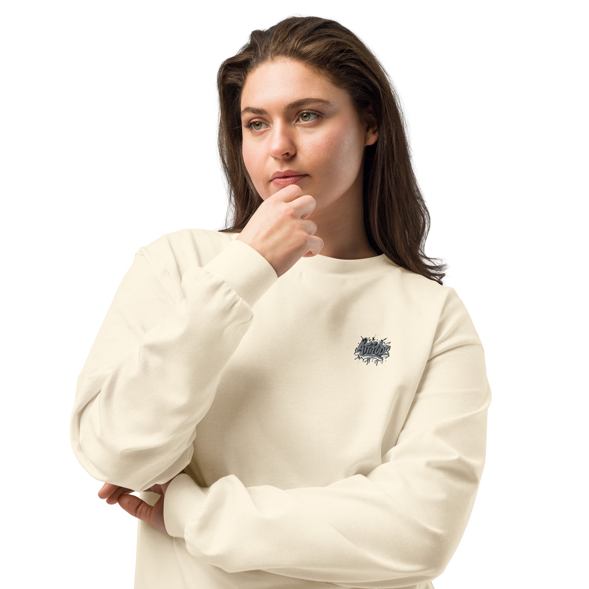 Urban Fashion & Streetwear Attitude Premium heavyweight long sleeve shirt with printed design in a clay color, casual streetwear style.