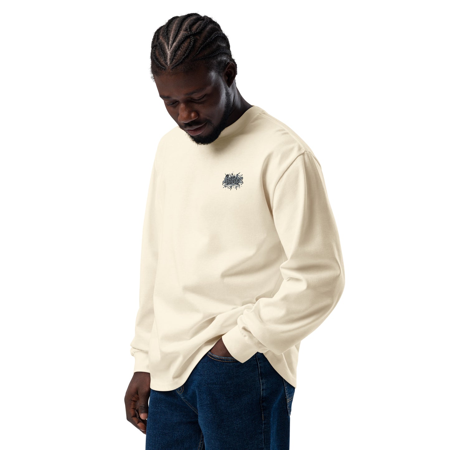 Urban Fashion & Streetwear Attitude Premium heavyweight long sleeve shirt with printed design on a clay-colored sweater.