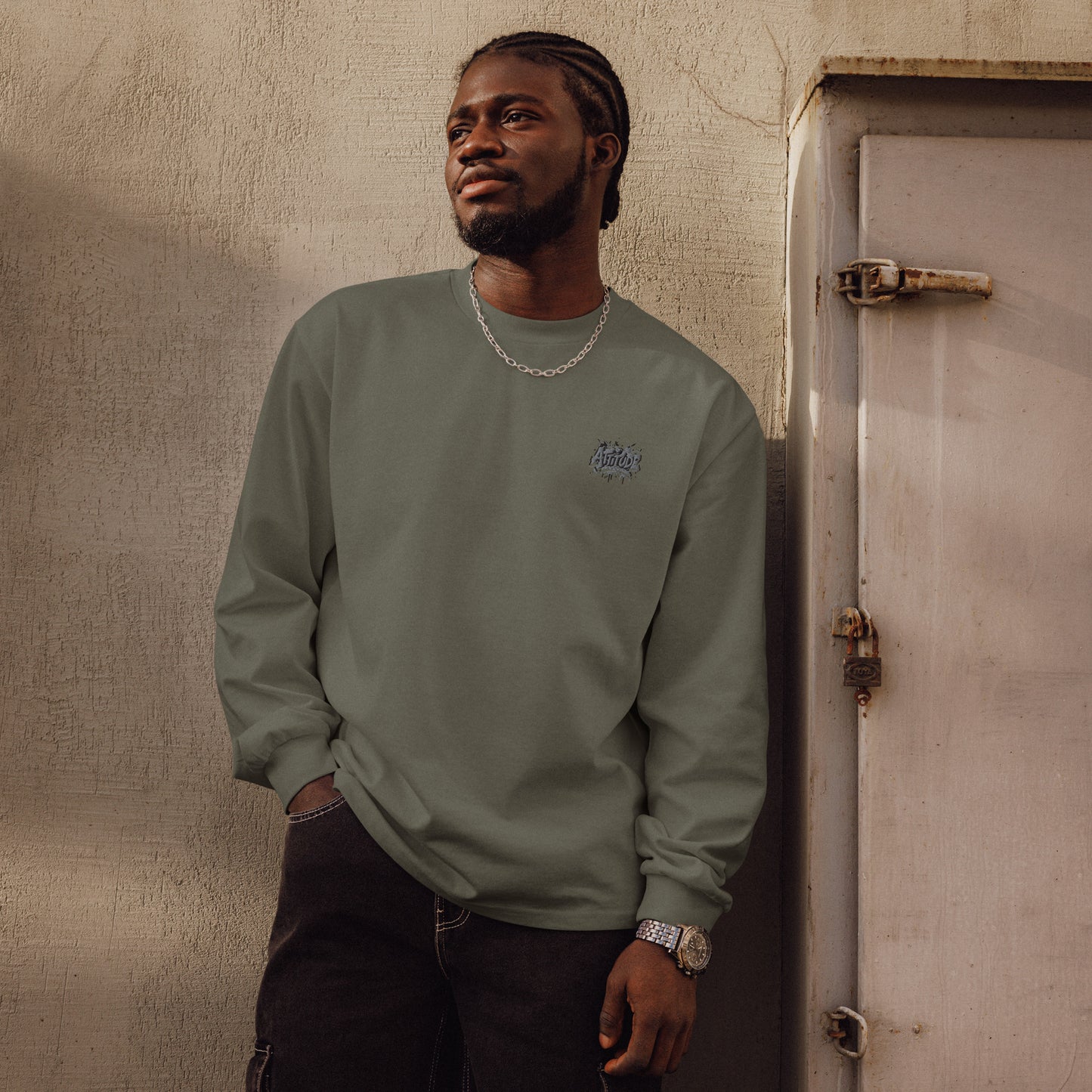 Urban Fashion & Streetwear Attitude Premium heavyweight long sleeve shirt with printed design in clay color, casual streetwear style.