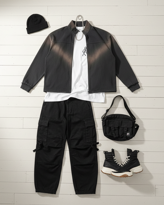 Urban Fashion & Streetwear | Craftklart quarter zip sweatshirt outfit with cargo pants, beanie, and sneakers.