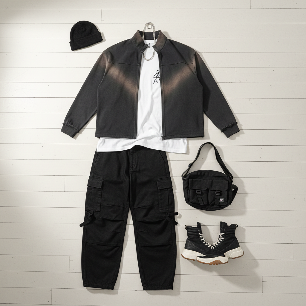 Urban Fashion & Streetwear | Craftklart quarter zip sweatshirt outfit with cargo pants, beanie, and sneakers.
