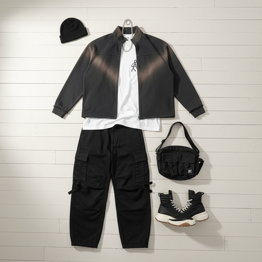 Urban Fashion & Streetwear | Craftklart quarter zip sweatshirt outfit with cargo pants, beanie, and sneakers.