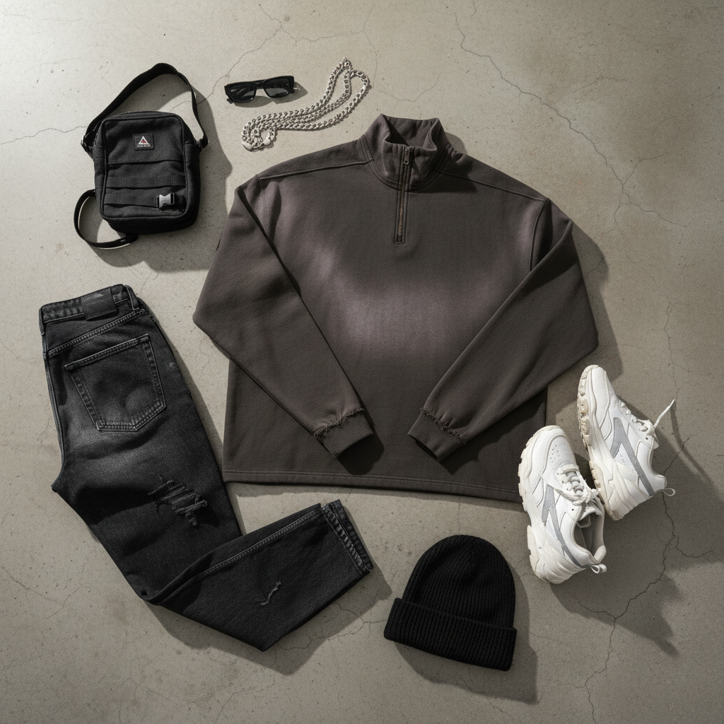 Urban Fashion & Streetwear | Craftklart quarter-zip sweatshirt styled with black jeans, sneakers, and accessories.