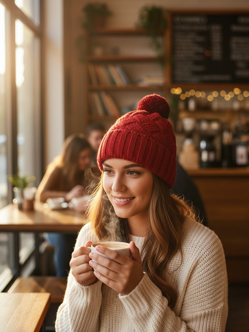 Woman wearing a red cable-knit pom-pom beanie from Urban Fashion & Streetwear | Craftklart in a cozy cafe setting.