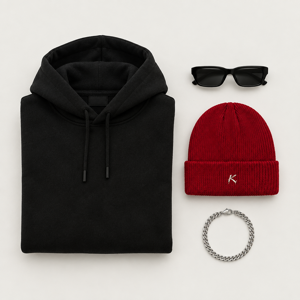 Red Craftklart Signature Ribbed Knit Beanie shown on a streetwear model, featuring a snug fit and stylish ribbed knit pattern.