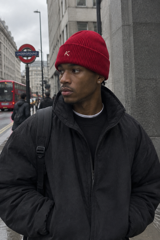 A man wearing a dark red Urban Fashion & Streetwear | Craftklart acrylic knit beanie on a city street.