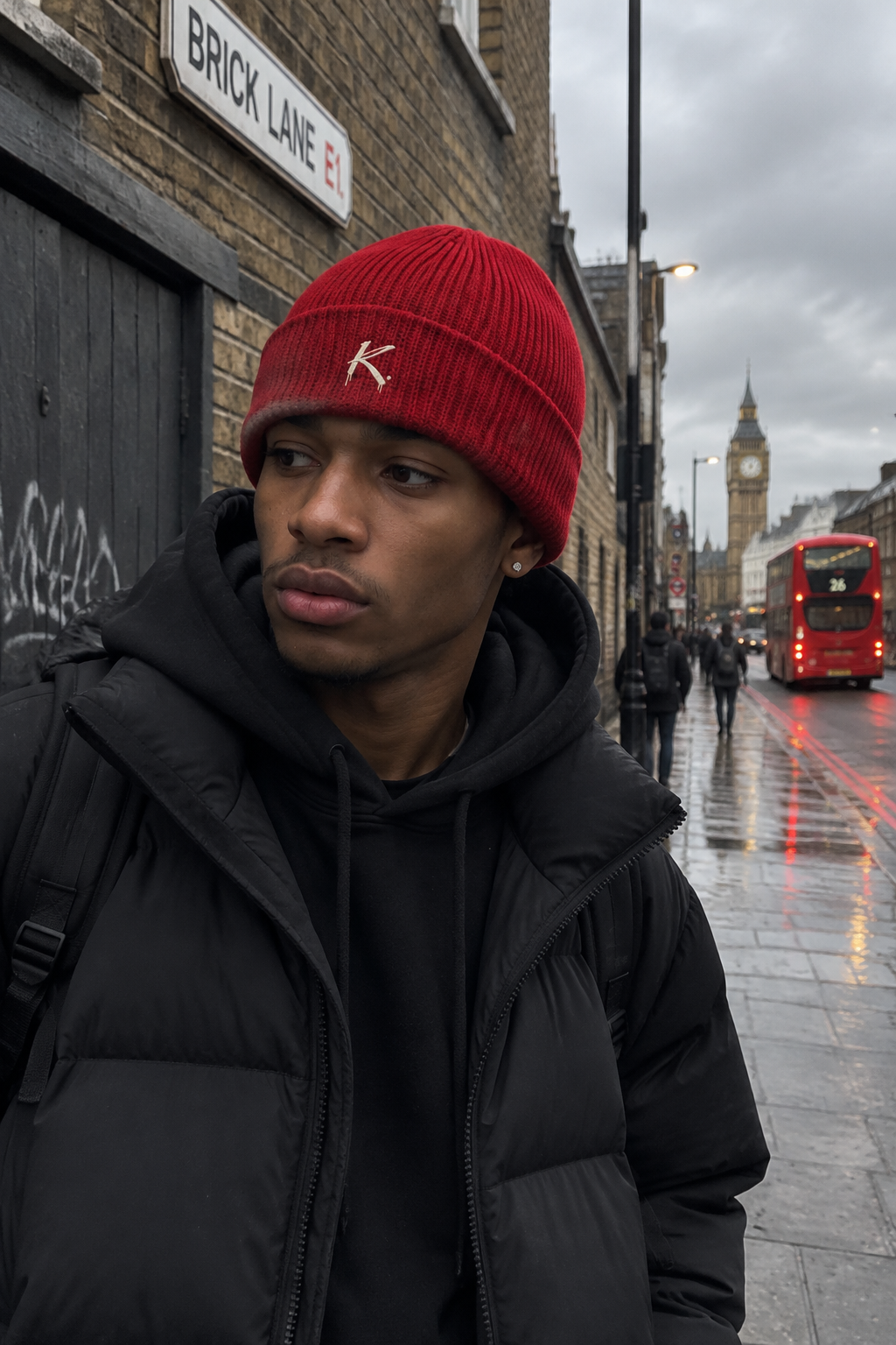 Red Craftklart Signature Ribbed Knit Beanie, urban streetwear style, close-up view of soft ribbed knit fabric and snug fit.