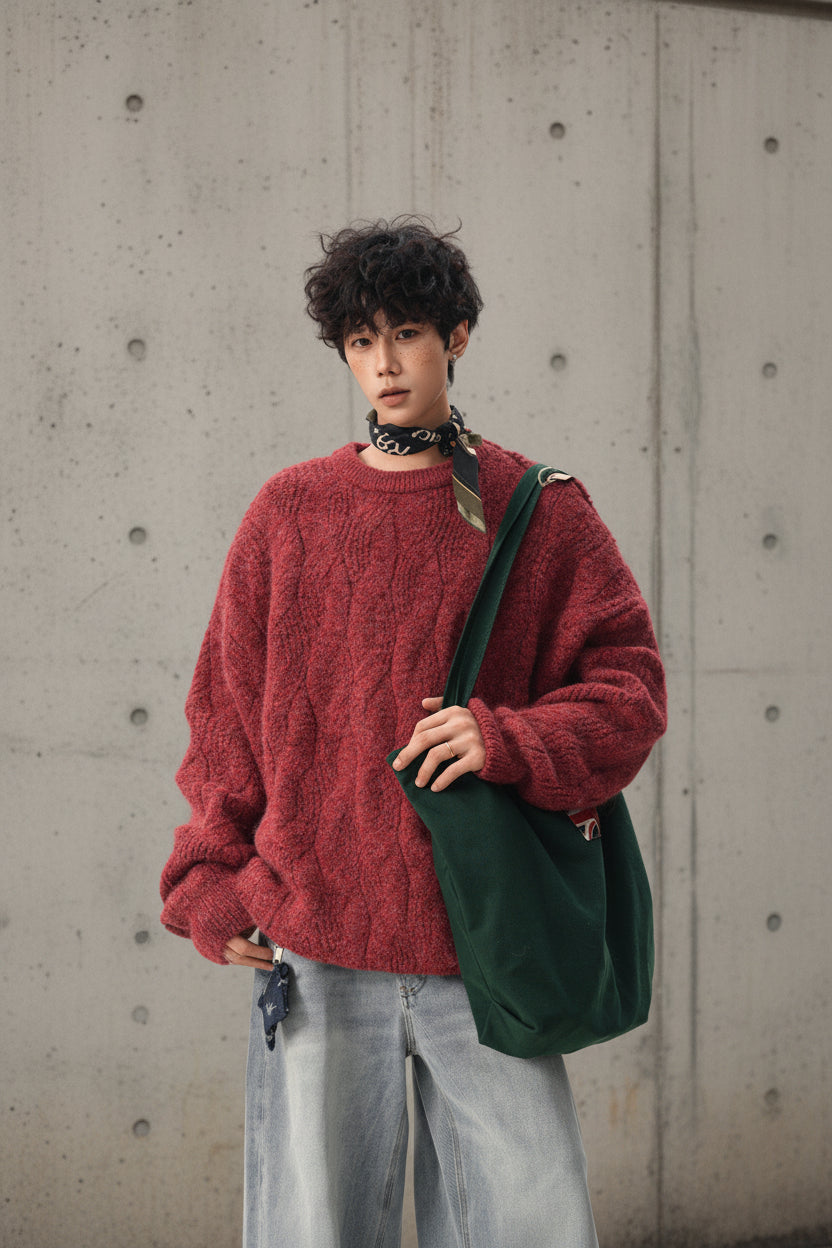 Urban Fashion & Streetwear | Craftklart oversized red cable knit crewneck sweater worn by a man with a green tote bag