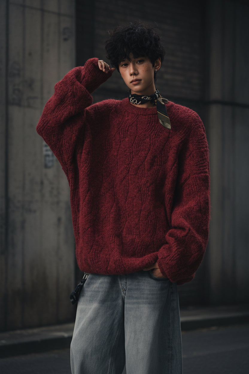 Urban Fashion & Streetwear | Craftklart oversized red textured knit crewneck sweater worn by a man with a neck scarf.