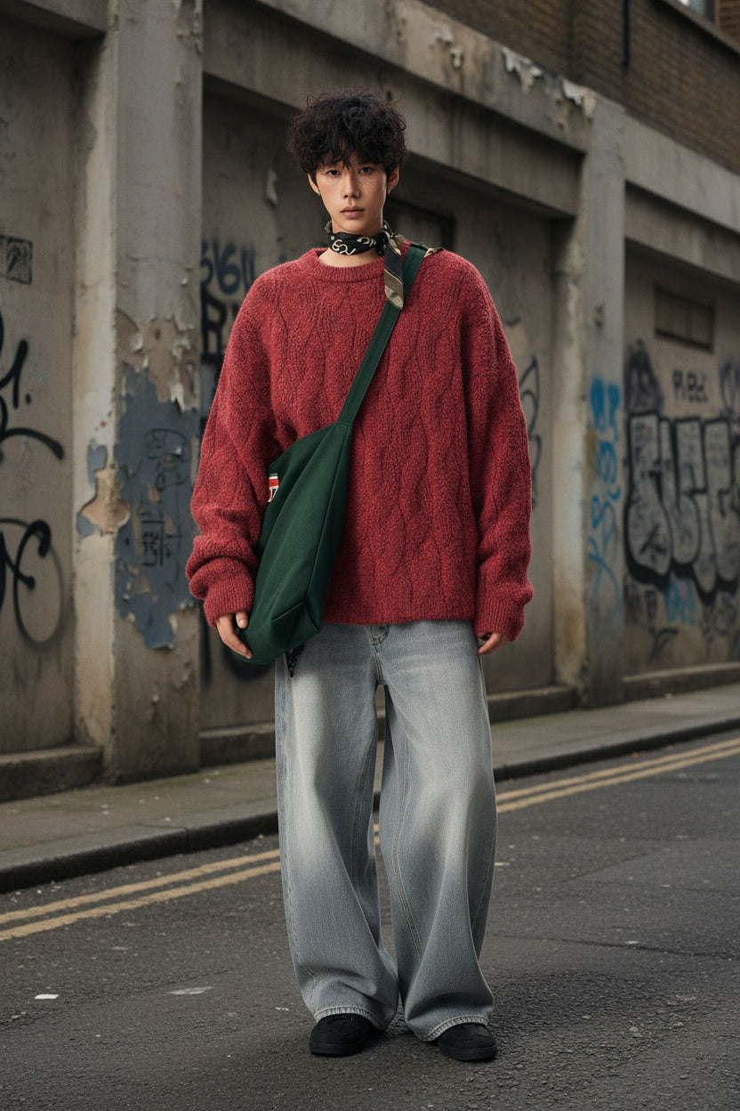 Urban Fashion & Streetwear | Craftklart oversized red textured knit crewneck sweater worn by a man with a tote bag