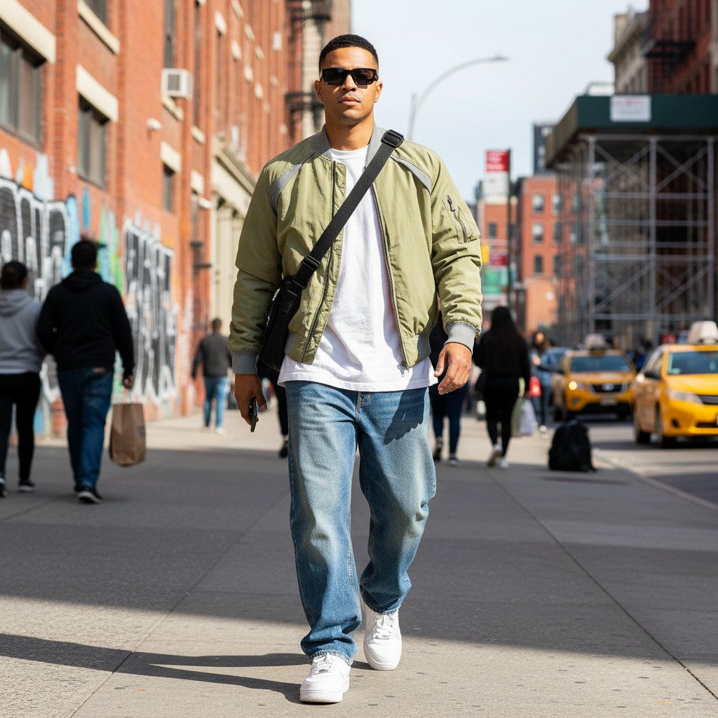 Urban Fashion & Streetwear | Craftklart men's reversible baseball jacket in olive green worn on a city street