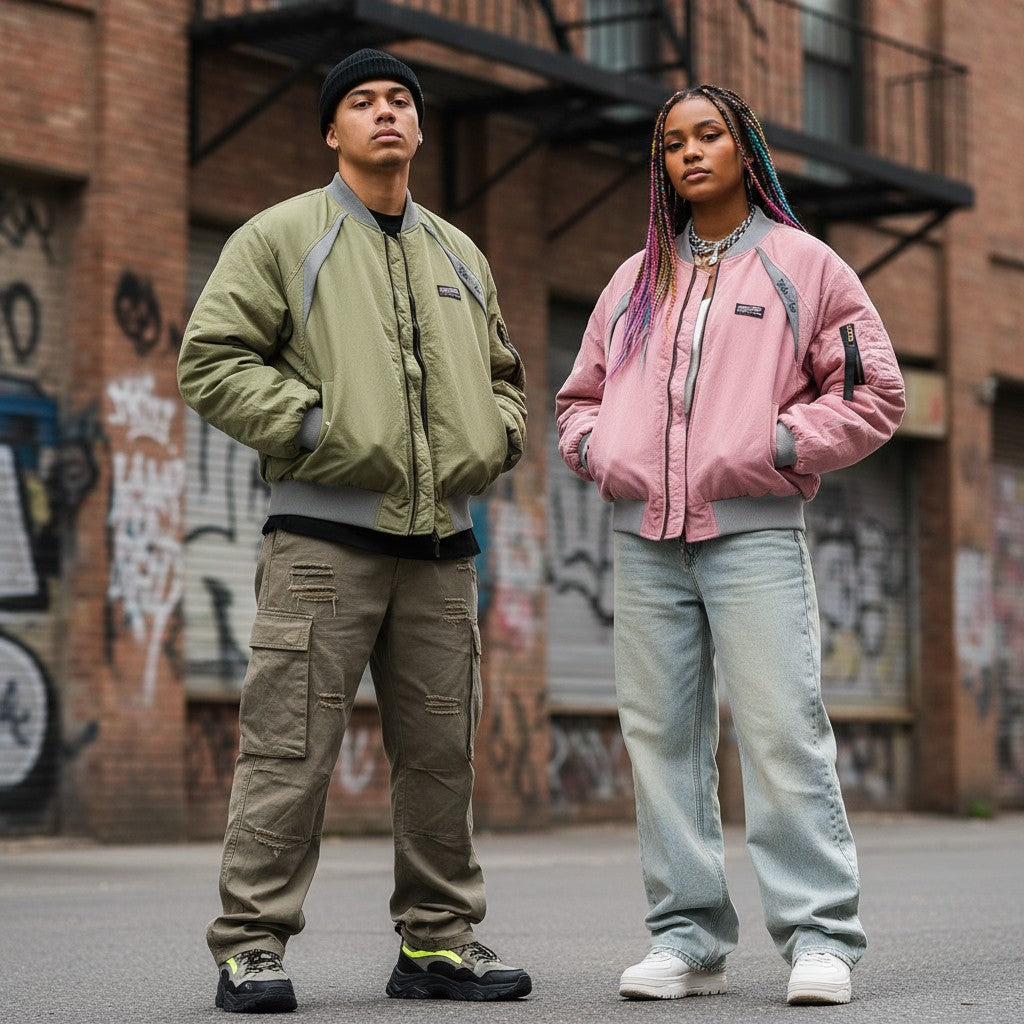Urban Fashion & Streetwear | Craftklart reversible baseball jackets in olive and pink worn by models in urban setting