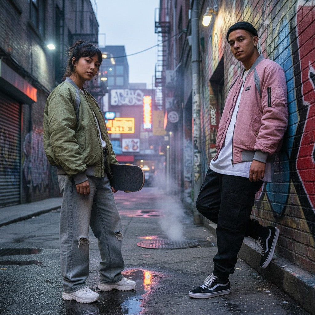 Urban Fashion & Streetwear | Craftklart reversible baseball jackets worn by models in an urban alleyway setting