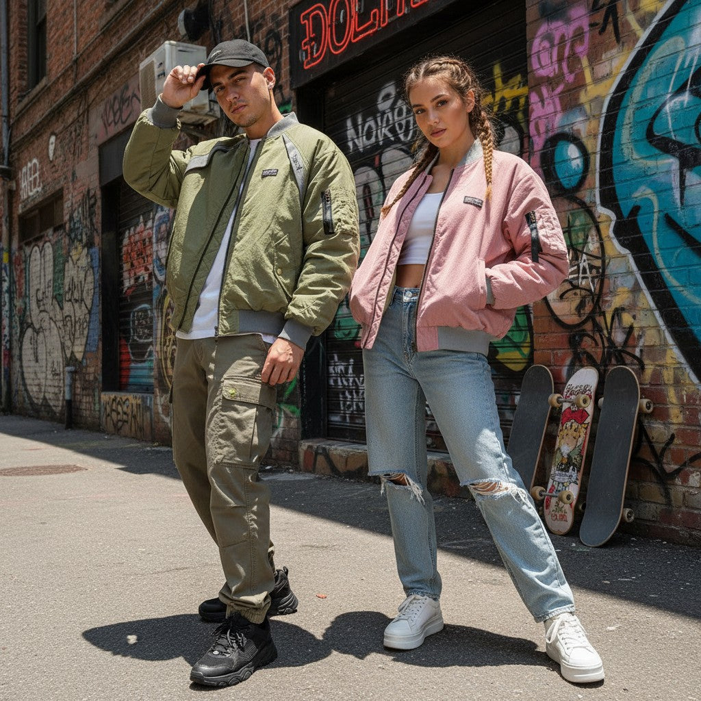 Urban Fashion & Streetwear | Craftklart reversible baseball jackets worn by a man and woman in an urban street setting