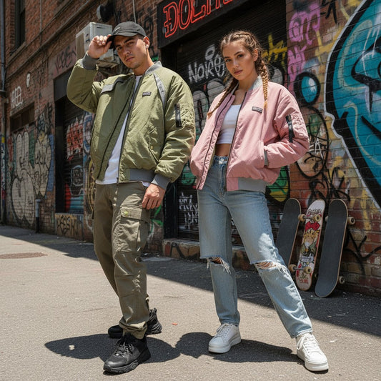 Urban Fashion & Streetwear | Craftklart reversible baseball jackets worn by a man and woman in an urban street setting