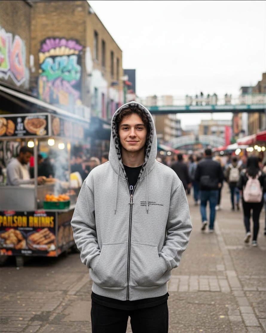 Urban Fashion & Streetwear | Craftklart reversible grey zip-up hoodie with leopard print lining worn by a young man
