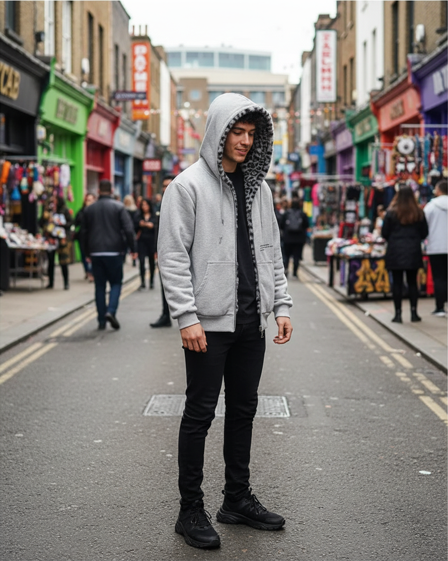 Urban Fashion & Streetwear | Craftklart reversible grey zip-up hoodie with leopard print lining worn by a man outdoors