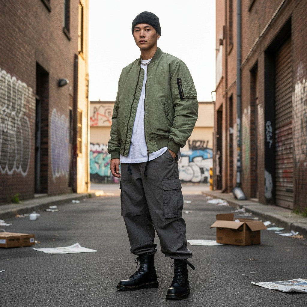 Model wearing Craftklart reversible olive green baseball jacket with cargo pants in an urban street setting