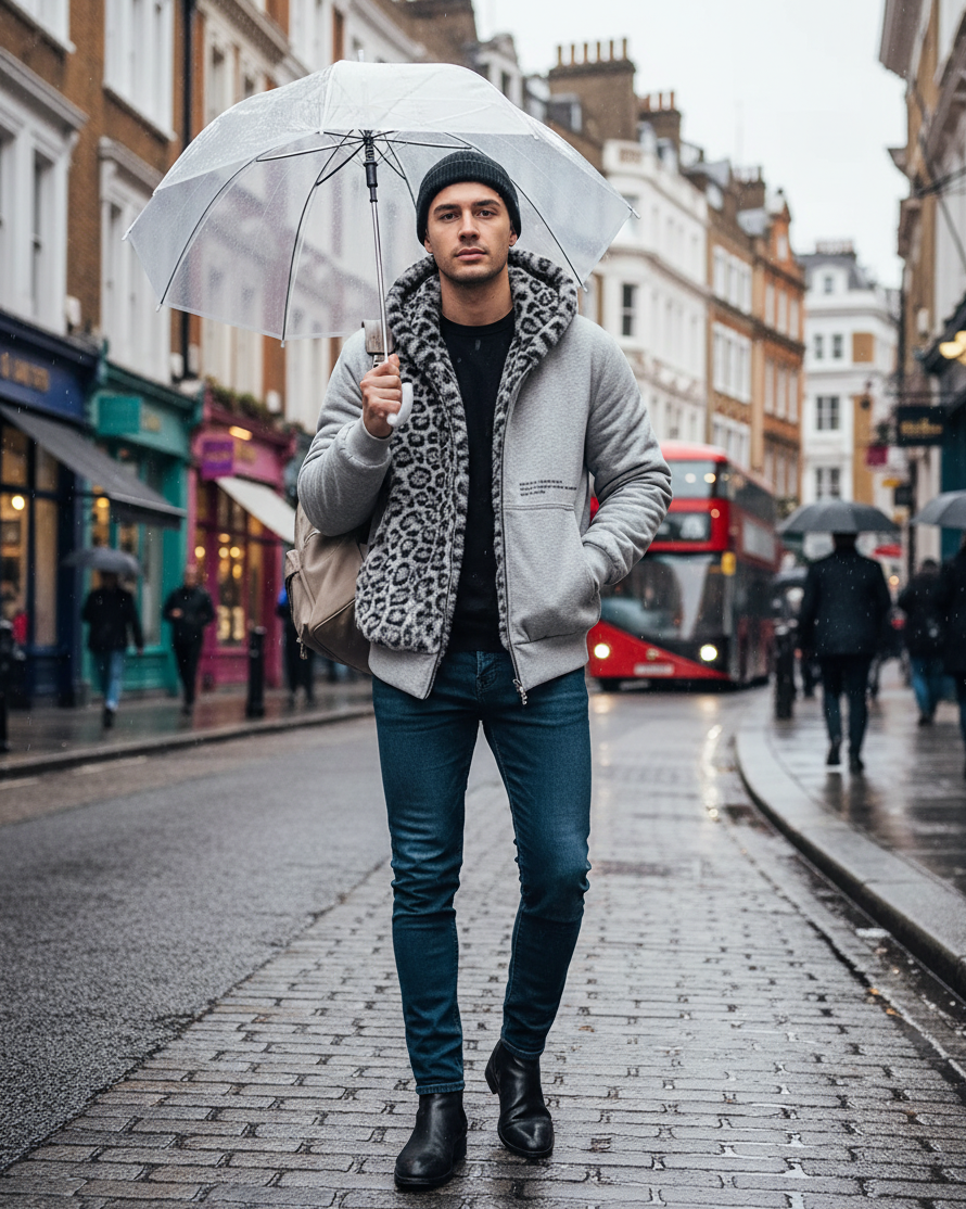 Urban Fashion & Streetwear | Craftklart reversible grey zip-up hoodie with leopard print lining worn by a man in London