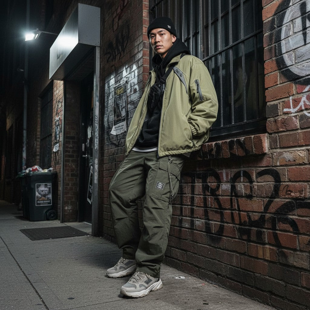 Model wearing Urban Fashion & Streetwear | Craftklart reversible baseball jacket in an urban street setting