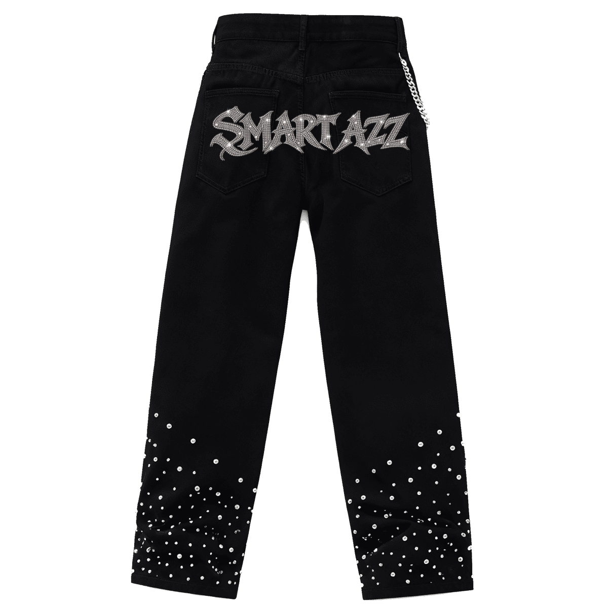 Urban Fashion & Streetwear | Craftklart black straight-leg jeans with rhinestone SMART AZZ text and leg embellishments