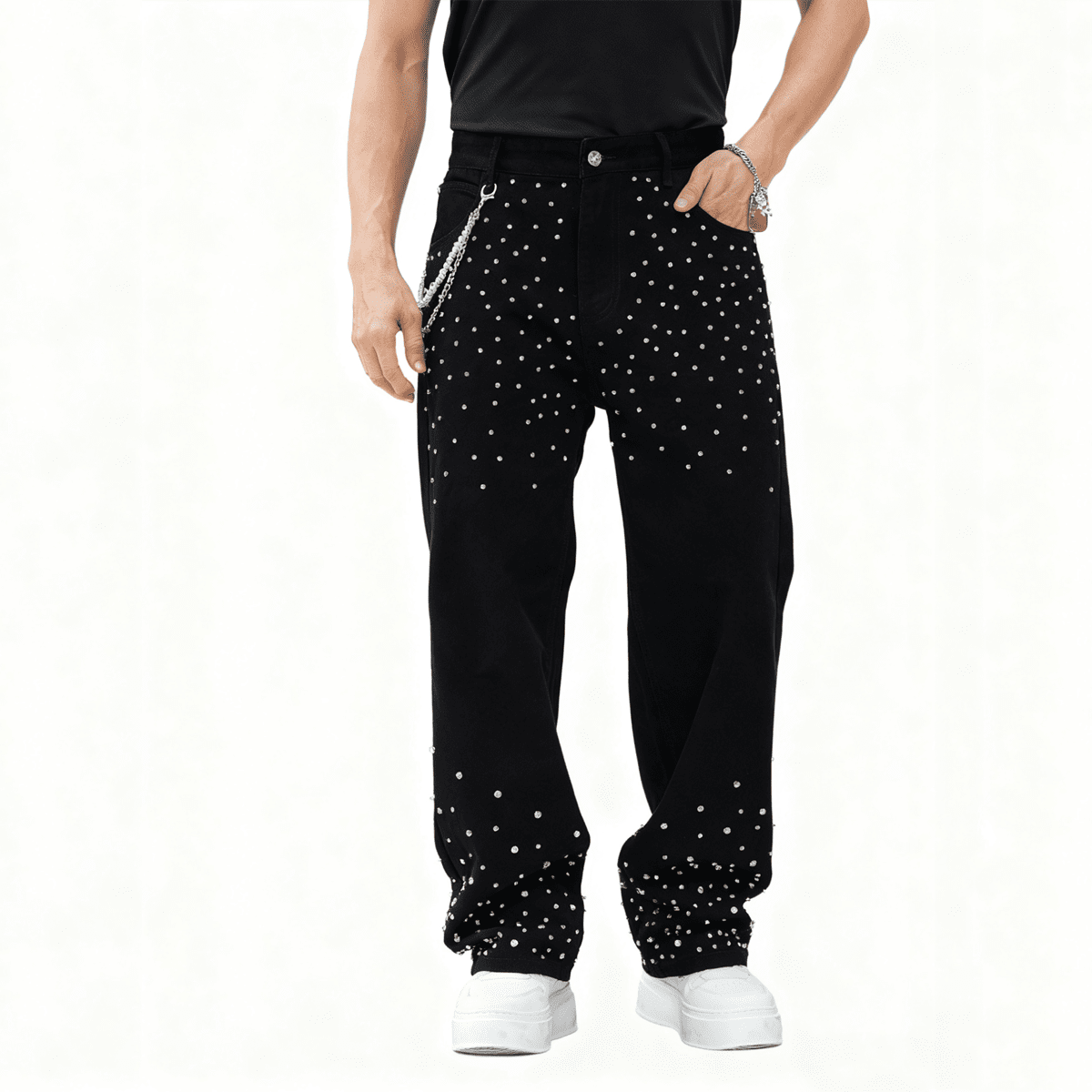 Urban Fashion & Streetwear | Craftklart black straight-leg jeans with rhinestone embellishments and a silver chain