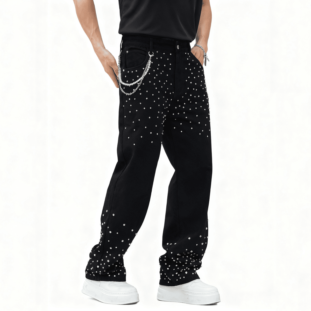 Urban Fashion & Streetwear | Craftklart black straight-leg jeans with rhinestone embellishments and a silver chain