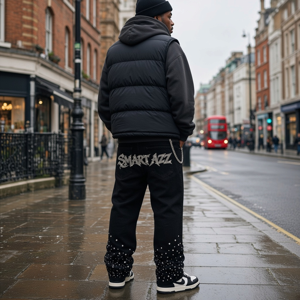 Urban Fashion & Streetwear | Craftklart black straight-leg jeans with rhinestone embellishments and chain detail