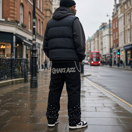 ODMPOD Afterhours Rhinestone Jeans featuring urban streetwear style with sparkling rhinestone embellishments and classic denim fabric.