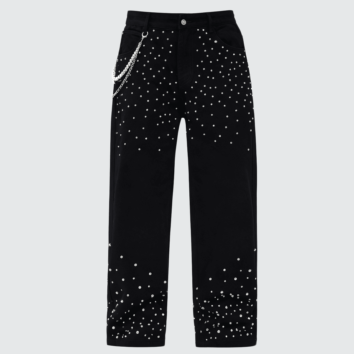 Urban Fashion & Streetwear | Craftklart black straight-leg jeans with scattered rhinestone embellishments and chain
