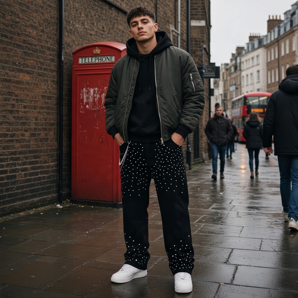 A man wearing Urban Fashion & Streetwear | Craftklart black rhinestone-embellished straight-leg jeans on a city street