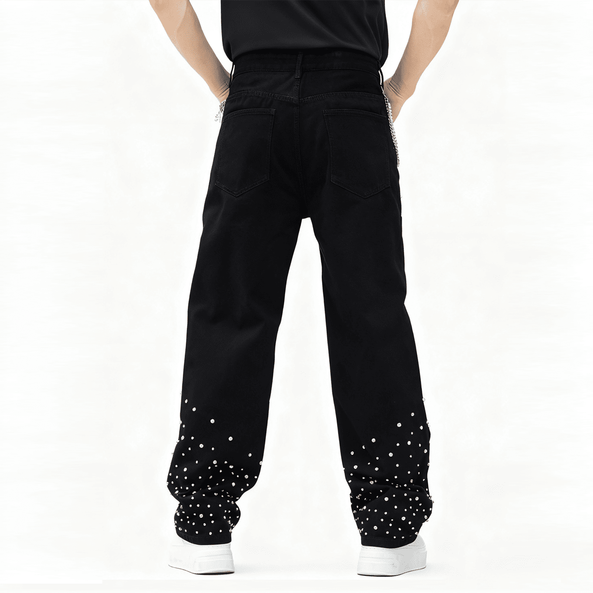 Back view of Urban Fashion & Streetwear | Craftklart black straight-leg jeans with rhinestone embellishments