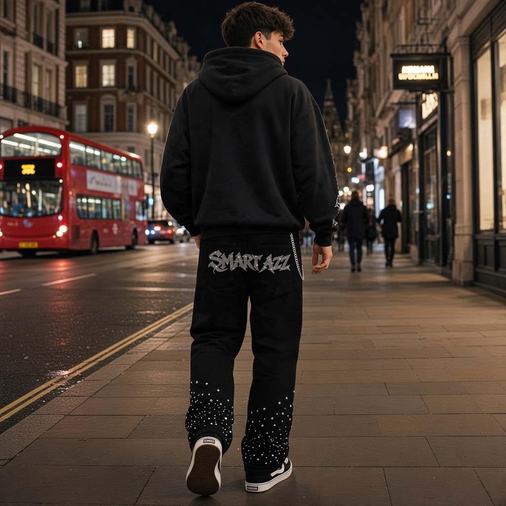 Urban Fashion & Streetwear | Craftklart black straight-leg jeans with rhinestone embellishments worn on a city street