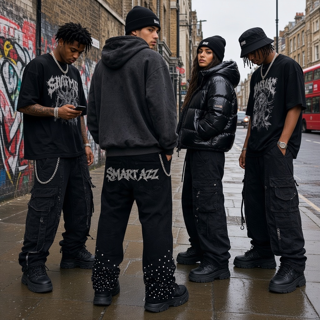 Urban Fashion & Streetwear | Craftklart unisex black straight-leg jeans with rhinestone embellishments and chain