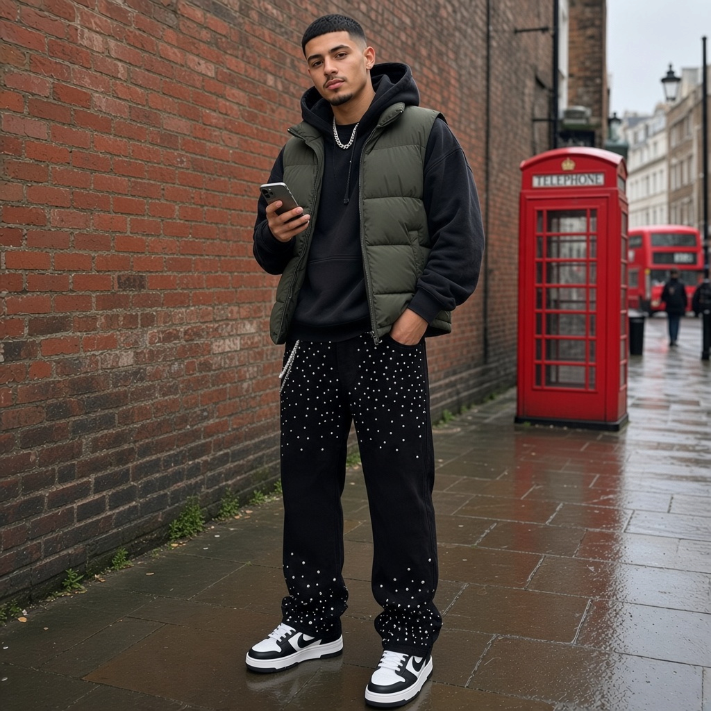 A man wearing Urban Fashion & Streetwear | Craftklart black rhinestone-embellished straight-leg jeans on a city street