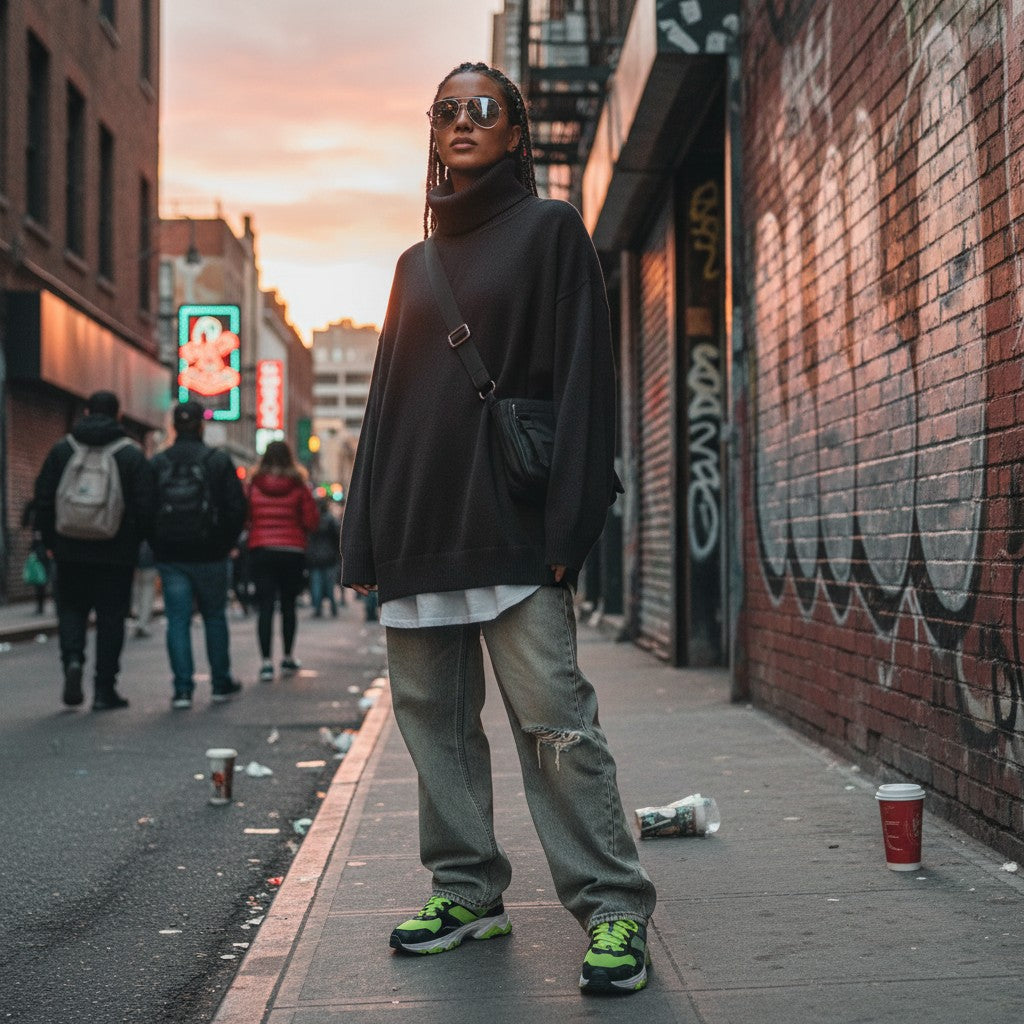 Urban Fashion & Streetwear | Craftklart ribbed knit turtleneck sweater worn by a woman on a city street at sunset.