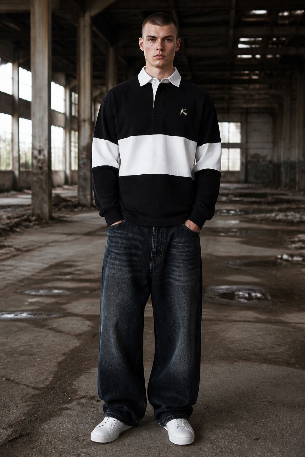 Model wearing Urban Fashion & Streetwear | Craftklart black and white rugby shirt with collar and chest logo