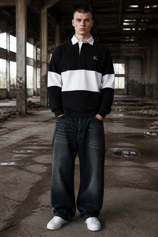 Model wearing Urban Fashion & Streetwear | Craftklart black and white rugby shirt with collar and chest logo