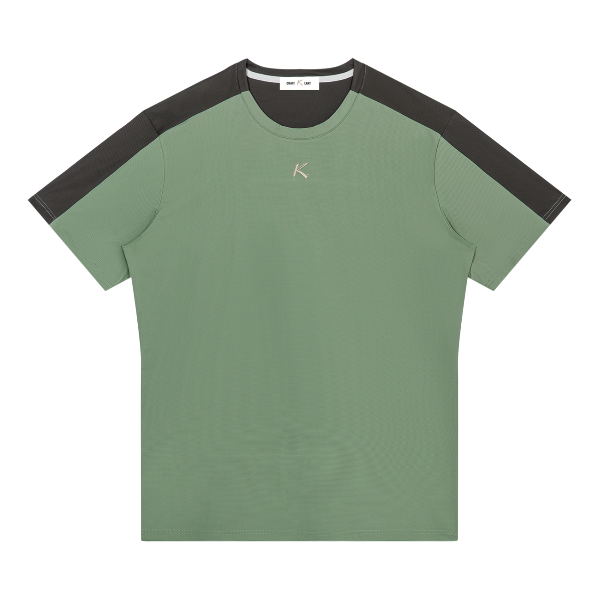 Urban Fashion & Streetwear | Craftklart men's performance t-shirt in sage green with black raglan sleeves and crewneck.