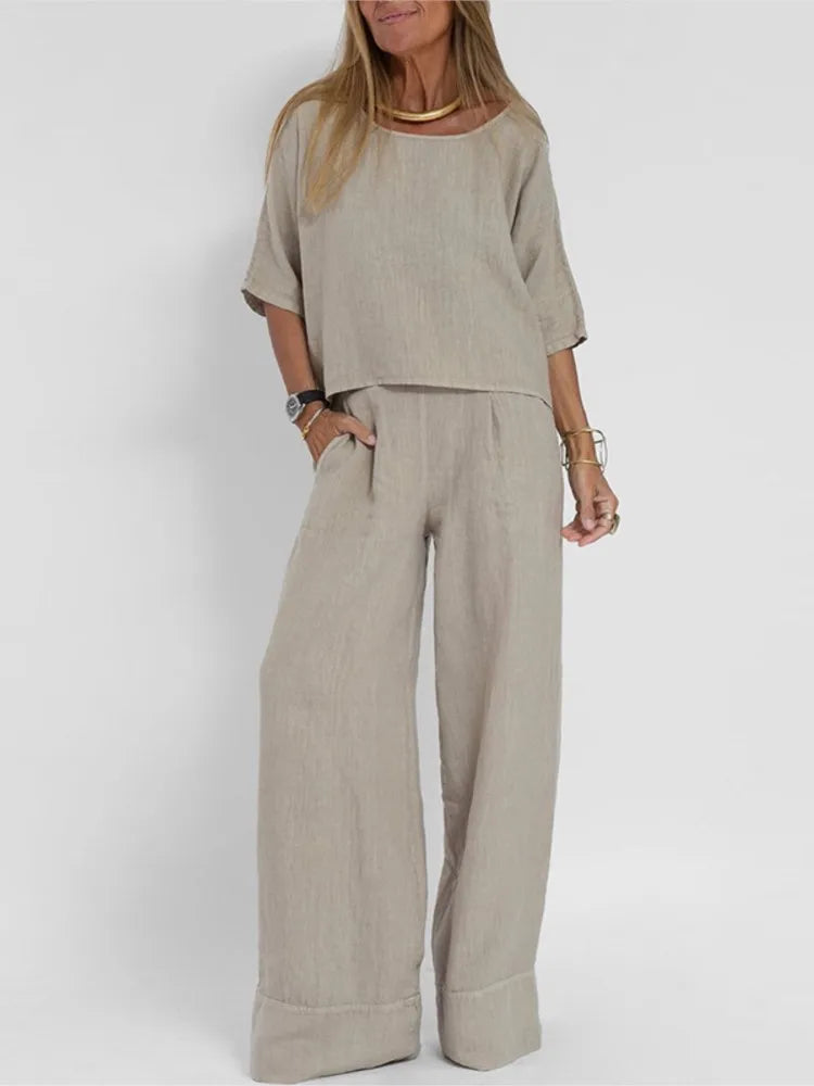 Women's linen-look 2-piece set with short sleeve top and wide-leg trousers in multiple colors, stylish urban fashion by Craftklart.