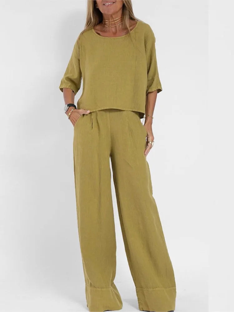 Women's linen-look 2-piece set with short sleeve top and wide-leg trousers in multiple colors, by Urban Fashion & Streetwear.