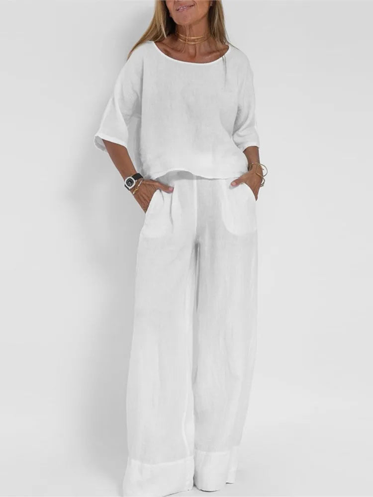 Women's linen-look 2-piece set with short sleeve top and wide-leg trousers in multiple colors, stylish urban streetwear by Craftklart.
