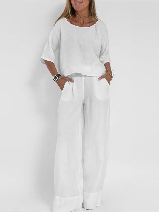 Women's linen-look 2-piece set with short sleeve top and wide-leg trousers in multiple colors, stylish urban streetwear by Craftklart.