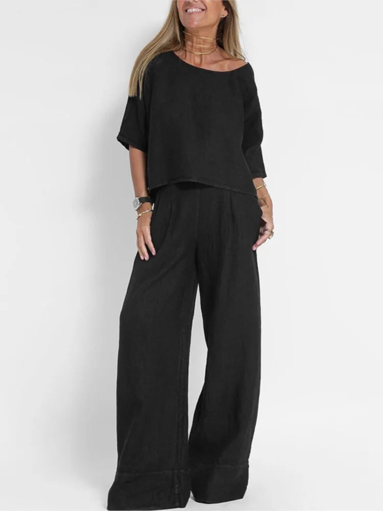 Women's linen-look 2-piece set with short sleeve top and wide-leg trousers from Urban Fashion & Streetwear in multiple colors.