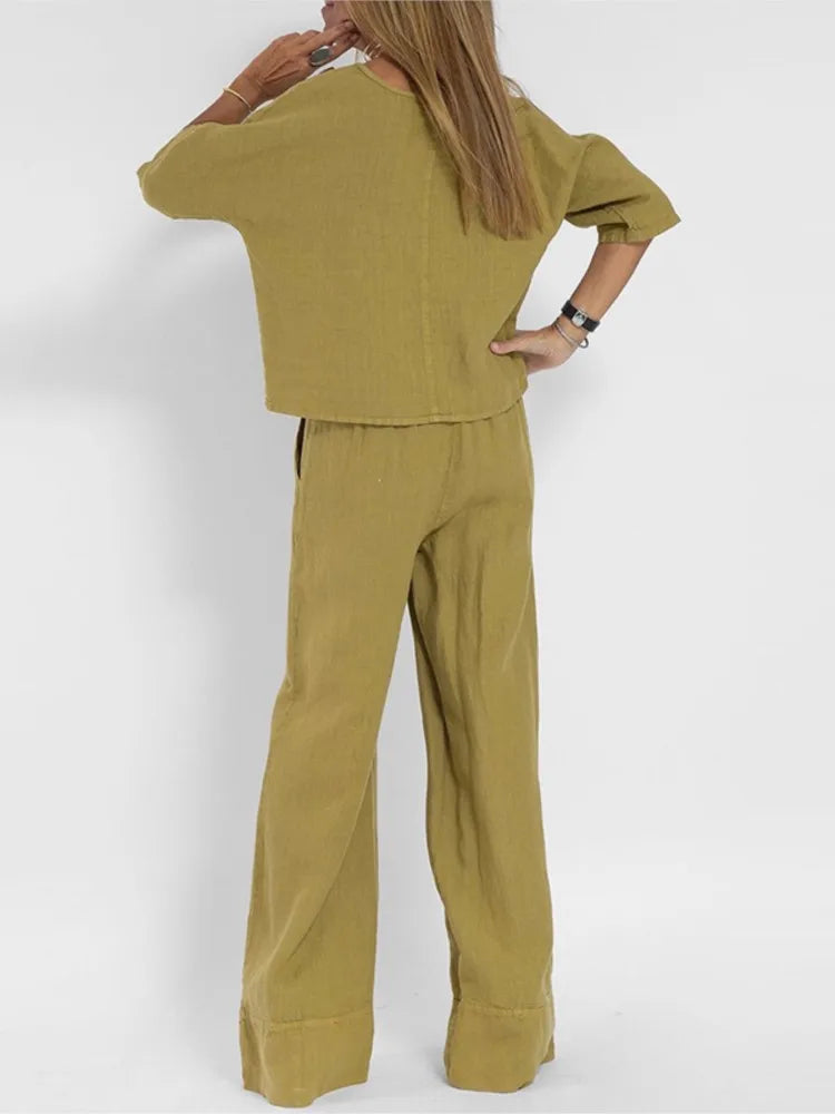 Women's linen-look 2-piece set with short sleeve top and wide-leg trousers, in multiple colours, by Urban Fashion & Streetwear.