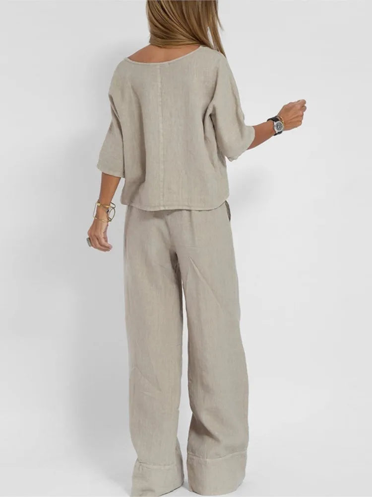 Women's linen-look 2-piece set with short sleeve top and wide-leg trousers in multiple colors from Urban Fashion & Streetwear.