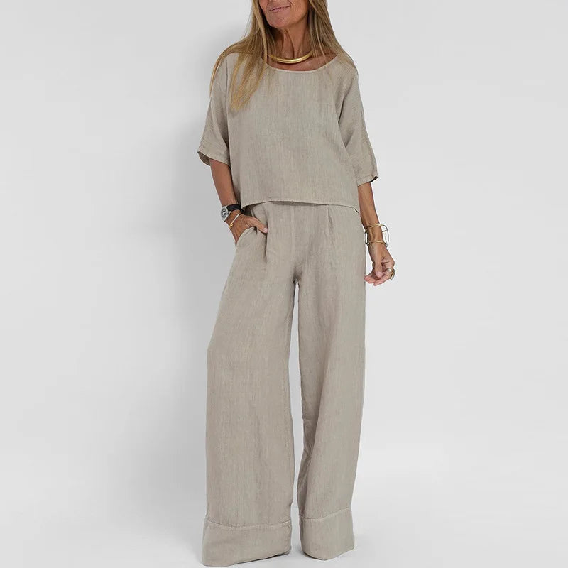 Women's linen-look 2-piece set with short sleeve top and wide-leg trousers, in multiple colors, by Urban Fashion & Streetwear.